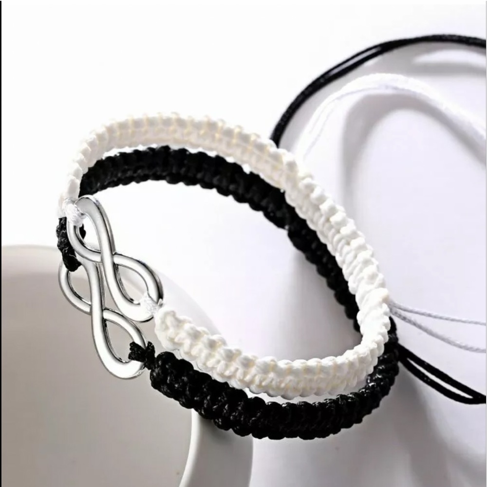 NEW•Couples Infinity Blk/Wht macrame adjustable bracelet set - Picture 2 of 6
